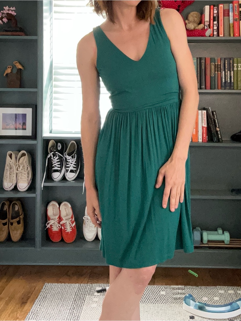 LOFT Teal V-Neck Midi Dress with Open Back